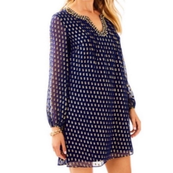Lilly Pulitzer slik navy and gold dot mini dress size 0 - Picture 1 of 11